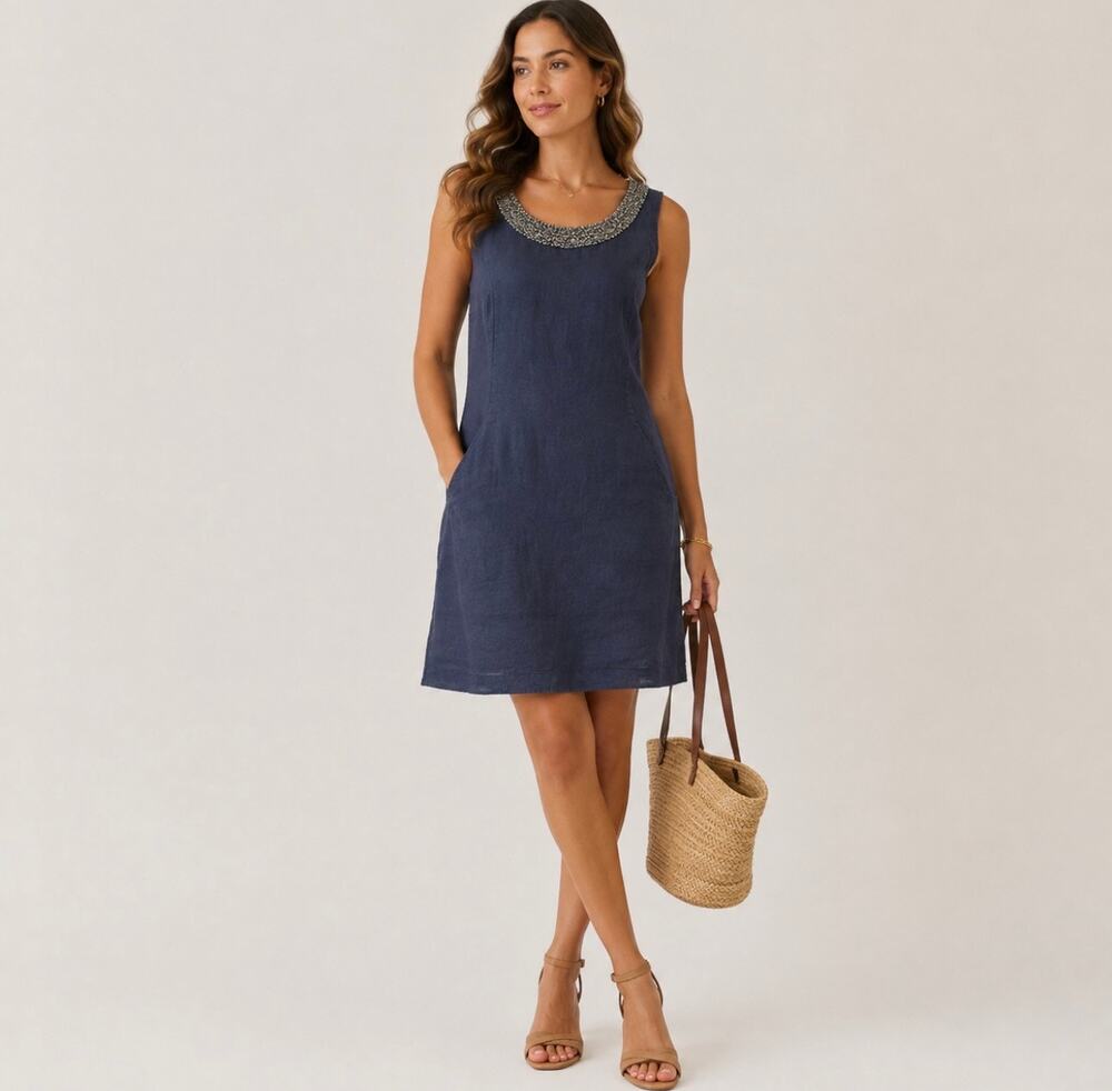 Lina Tomei Italy Linen Dress Women’s M Blue Beaded Neck Sleeveless Shift Pockets